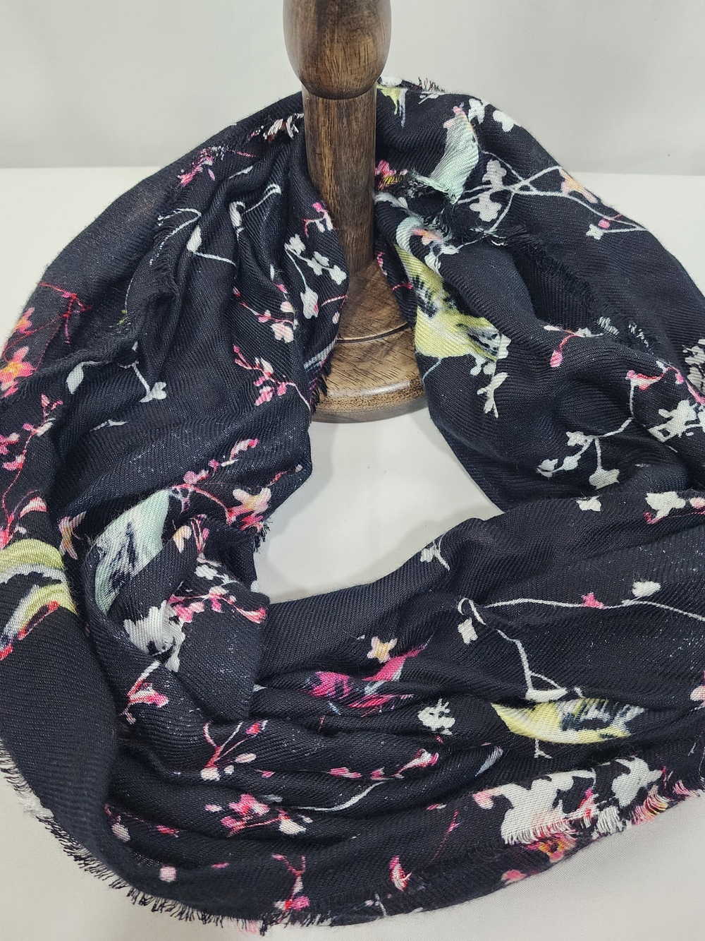 Apt. 9 Black Infinity Scarf with Pink and Yellow Bird Motifs